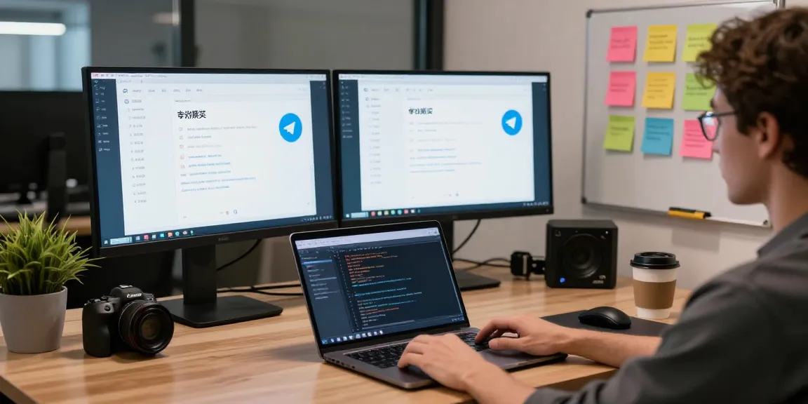 Customizing Telegram Chinese settings in a modern tech workspace with dual monitors and coding tools.