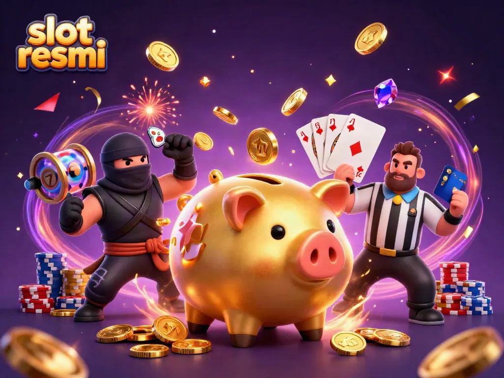 Experience thrilling wins with slot resmi in an action-packed casino scene featuring a sumo piggy bank!