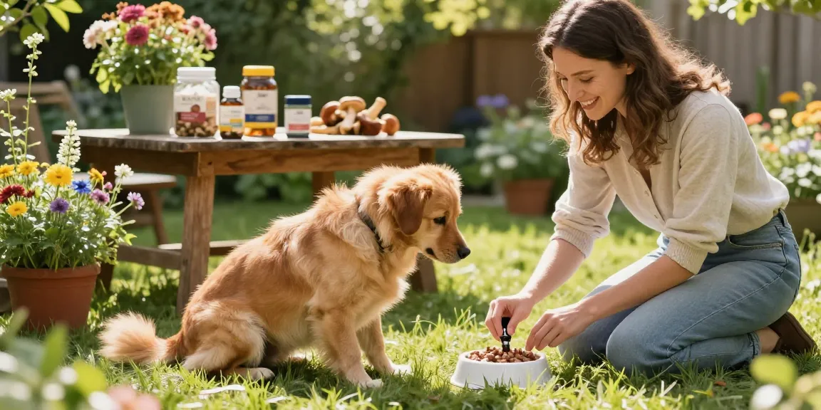 Immune supplement for dogs being added to a pet's food by a caring owner in a sunny garden.