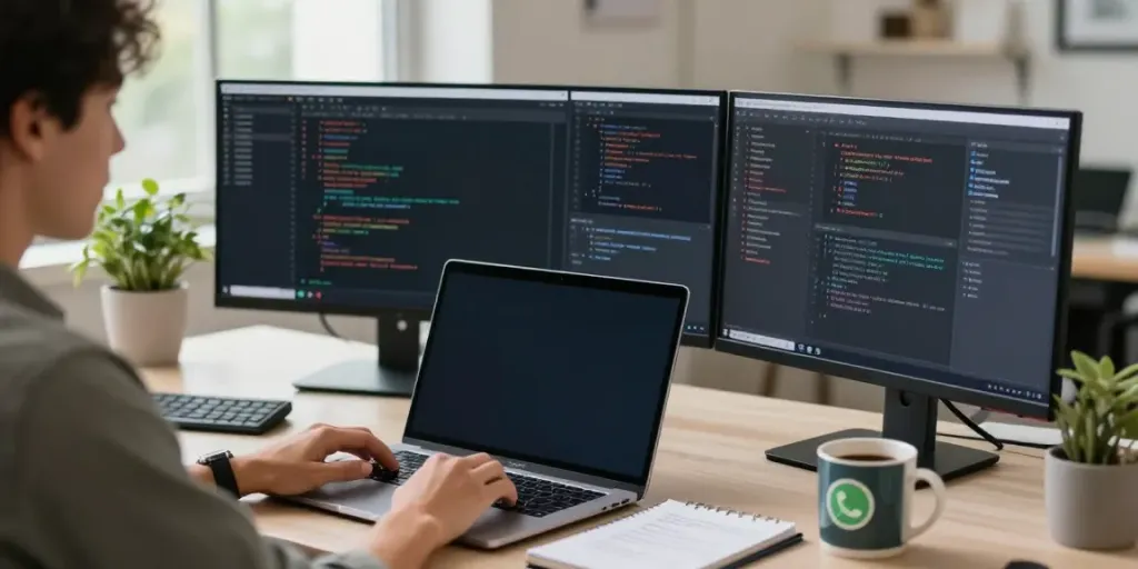 Person using GBWhatsApp on smartphone while working in a modern tech workspace at https://gbapps.net/gbwhatsapp-apk-dl/.