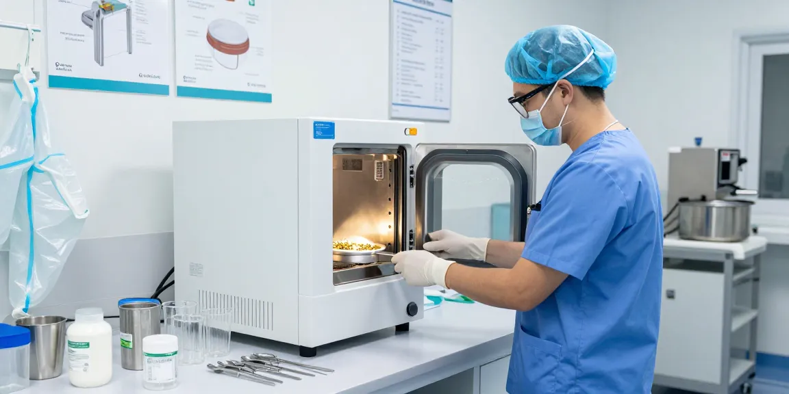 Sterilization equipment in a healthcare setting, a technician in scrubs checking an autoclave.